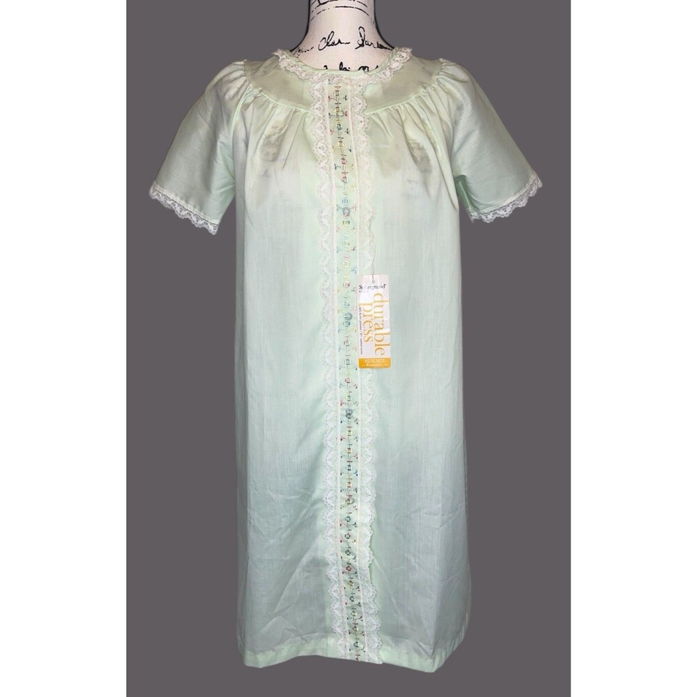 Vtg Smart Time Lace Trim Housecoat Nightgown Size 10 Green Embroidery NOS